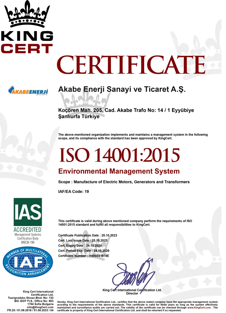 ISO 14001 Çevre Yönetim Sistemi Sertifikası | Akabe Enerji