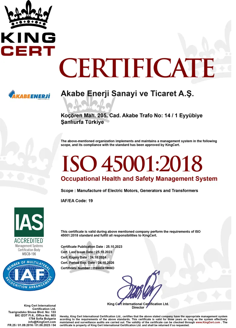 ISO 45001 İş Sağlığı ve Güvenliği Sertifikası | Akabe Enerji