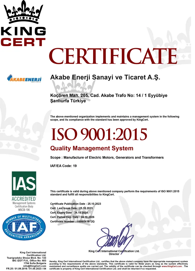 ISO 9001 Kalite Yönetim Sistemi Sertifikası | Akabe Enerji