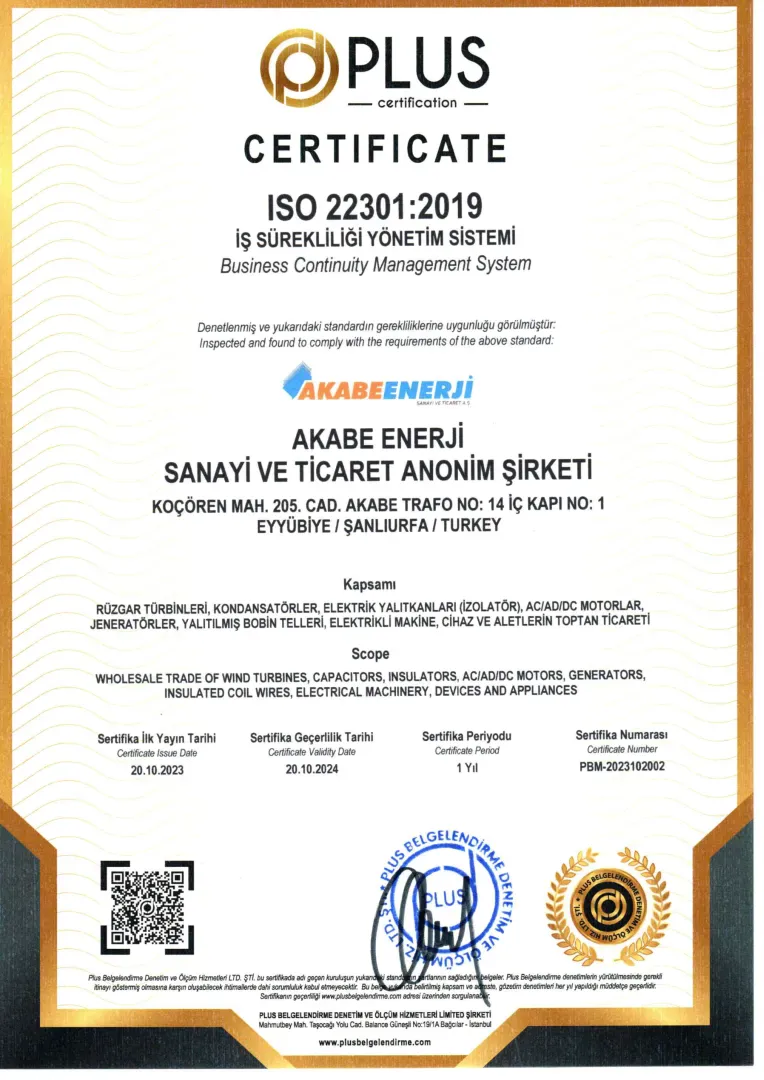 ISO 22301 İş Sürekliliği Yönetim Sistemi Sertifikası | Akabe Enerji
