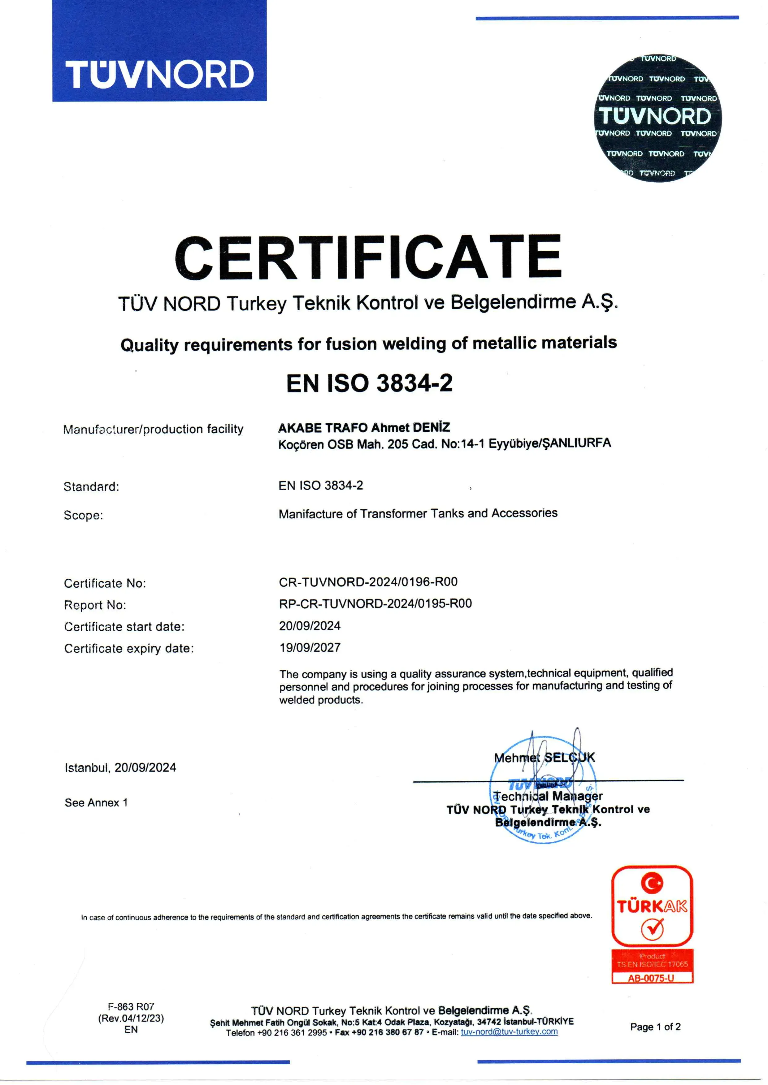 EN ISO 3834-2 Kaynak Kalite Yönetim Sistemi Sertifikası